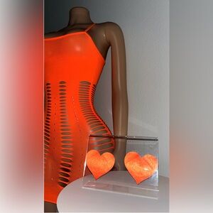 EXOTIC STRIPPER/ DANCE WEAR: ORANGE 1 PIECE DRESS WITH RHINESTONES SET
